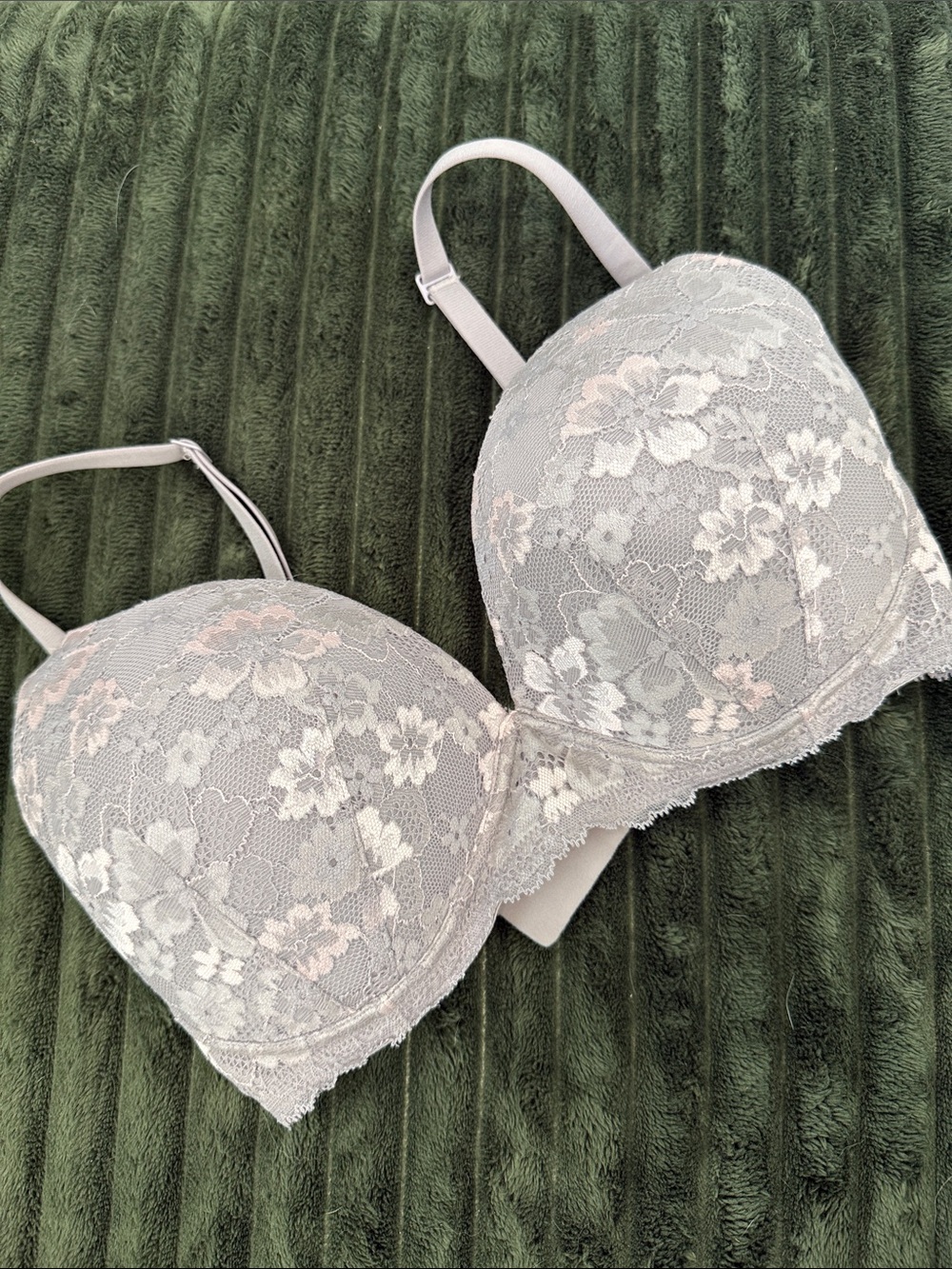 Victoria's Secret Gray Lace Push-Up Bra with Floral Overlay